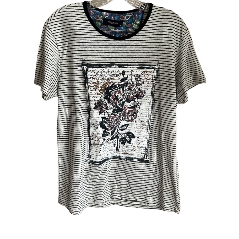 Duca Blanca‎ White Blue Striped Floral T-Shirt